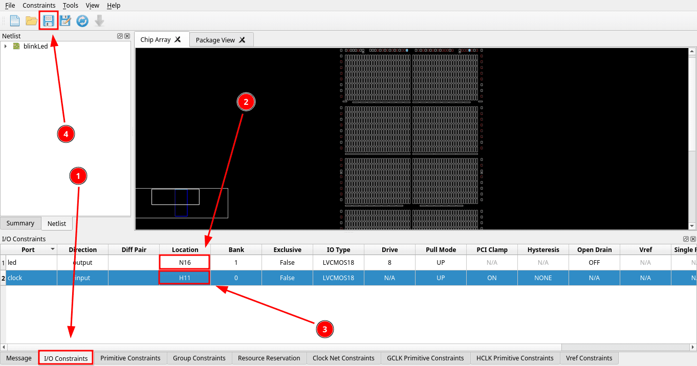 FloorPlanner's I/O Constraints tab assigning pin N16 to led and pin H11 to clock, then saving