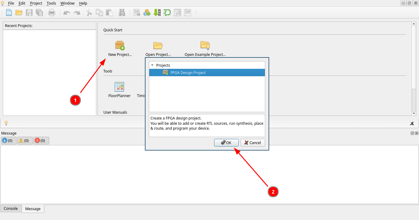 New Project dialog while selecting FPGA Design Project and clicking OK
