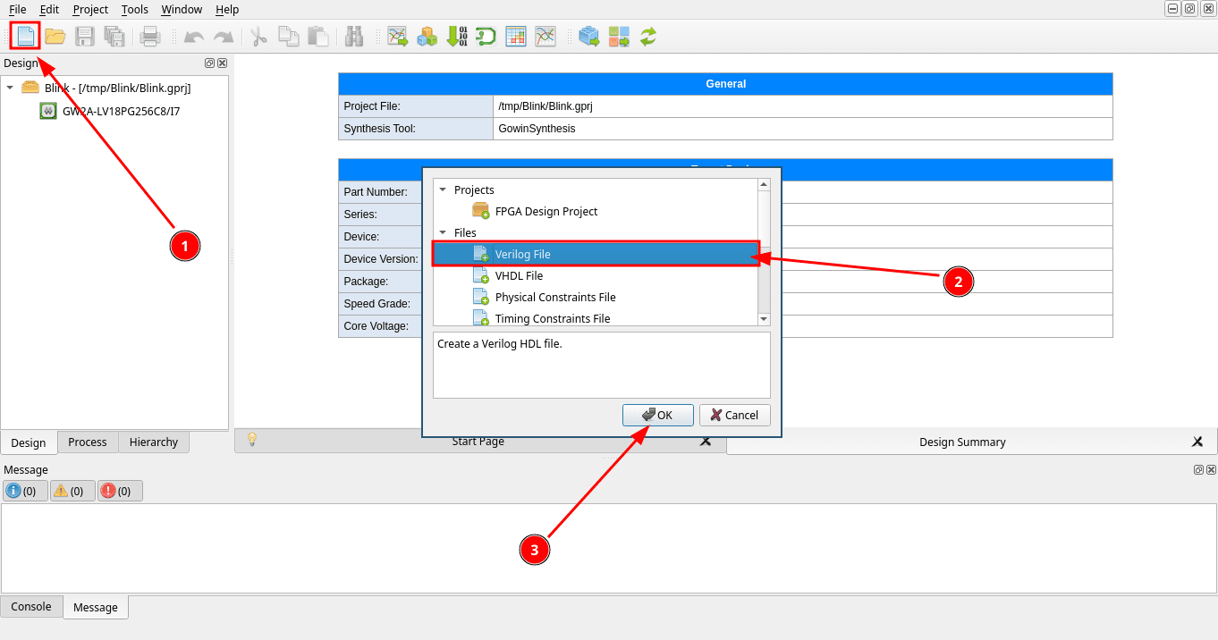 New File dialog creating a new Verilog File and clicking OK