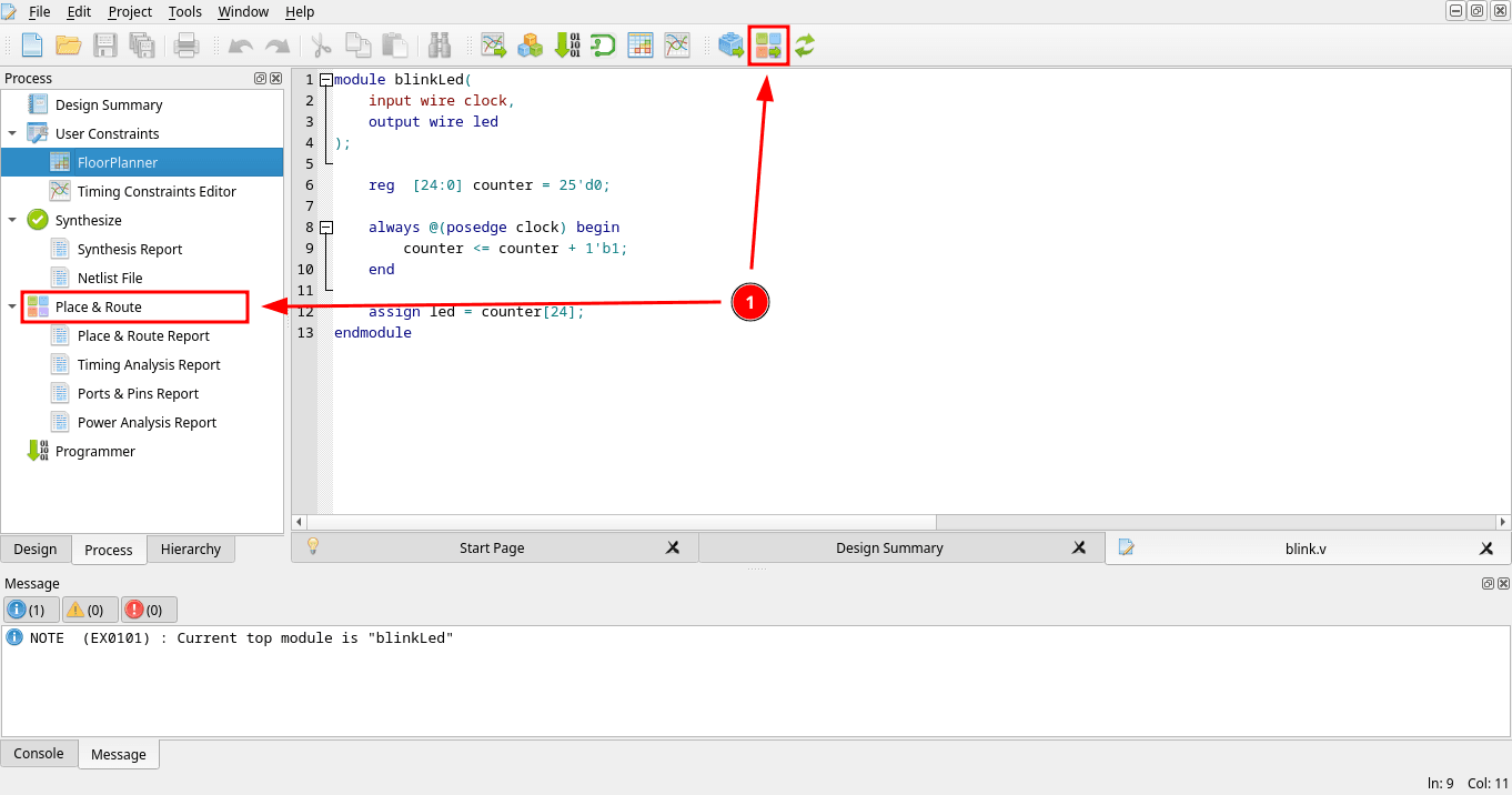 Process panel while double-clicking Place & Route to run it after FloorPlanner