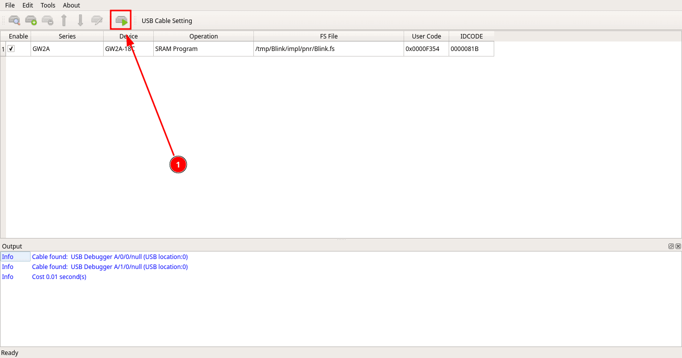 Programmer window while clicking the green Program button to run the SRAM Program operation
