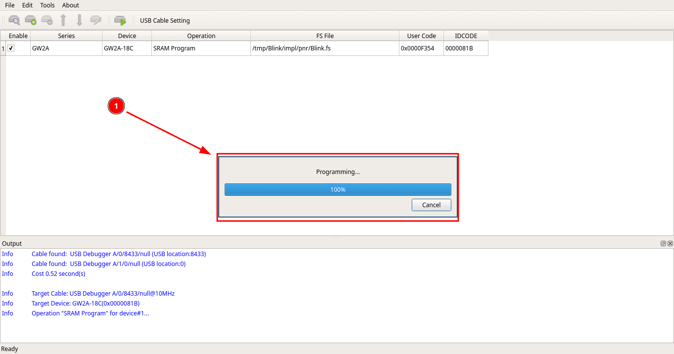 Programming dialog reaching 100%, confirming the SRAM program was written to the FPGA successfully