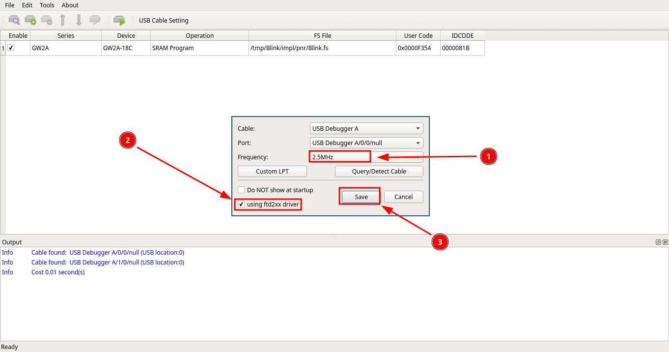 Programmer's USB Cable Setting dialog while selecting USB Debugger A, enabling the ftd2xx driver and saving