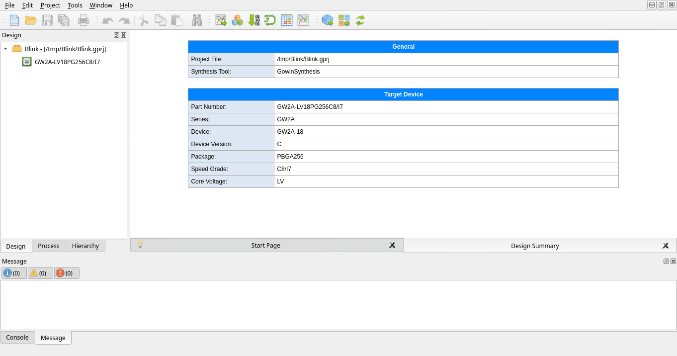 Project opened in Gowin IDE, showing the Design Summary with project file, synthesis tool and target device