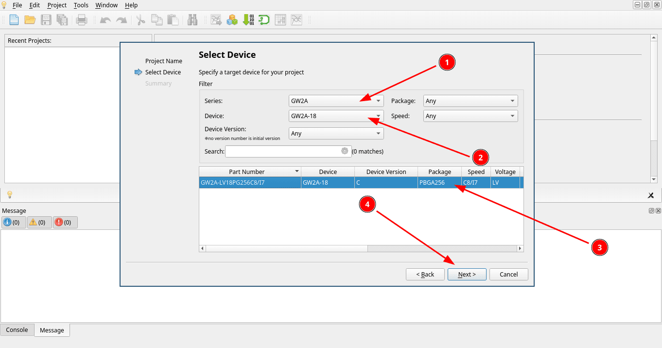 Select Device step filtering by Series GW2A and Device GW2A-18 to list the GW2A-LV18PG256C8/I7 part