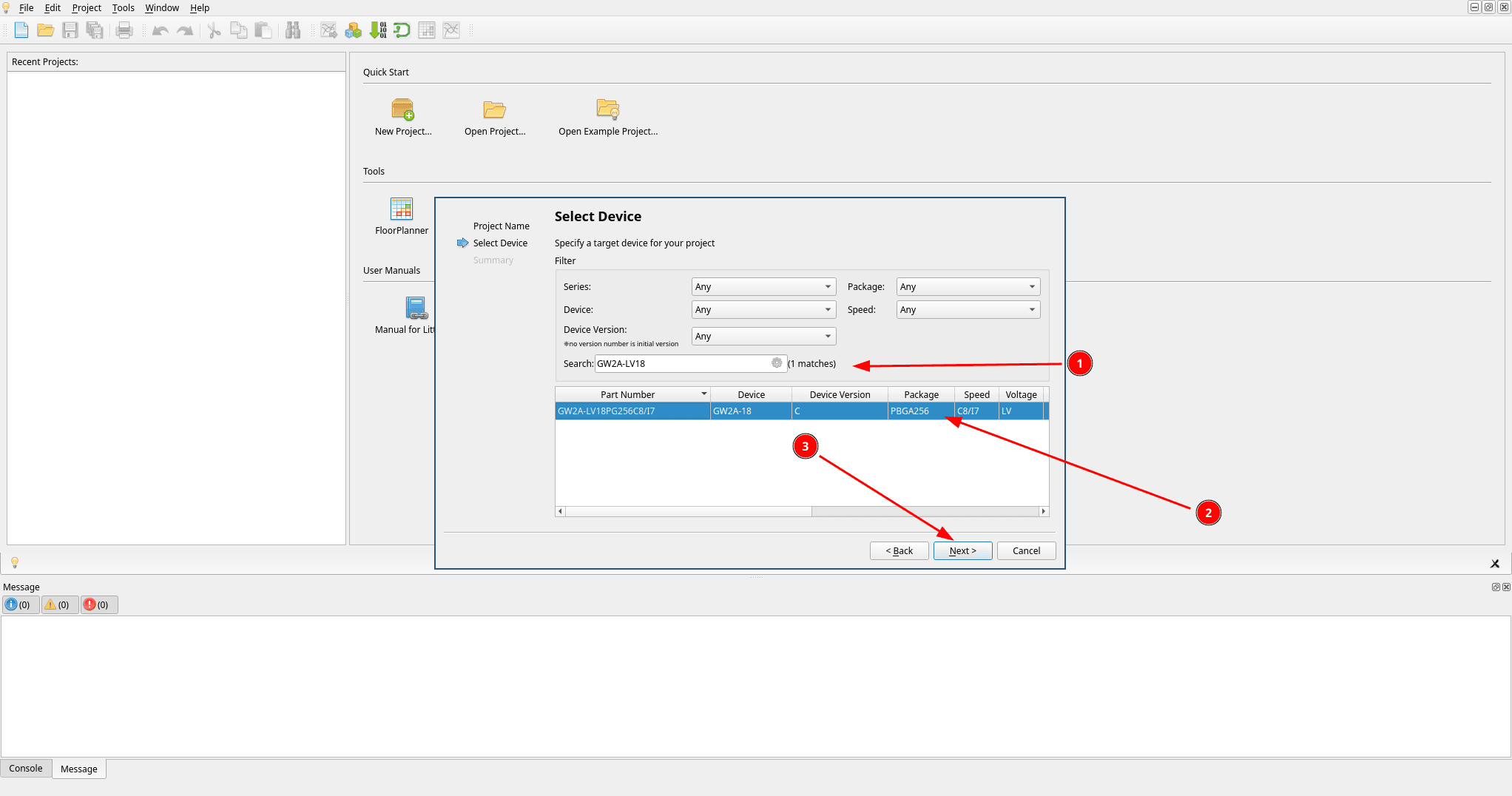 Select Device step shown in a maximized window while searching GW2A-LV18 to find the same single matching part