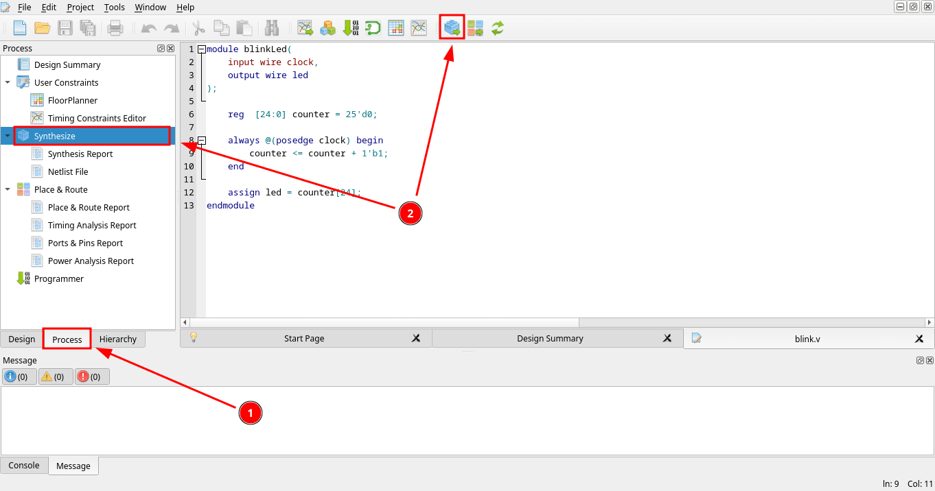 Process panel while double-clicking Synthesize to run synthesis on the design