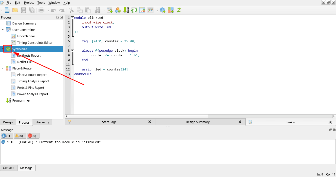 Synthesize finished with a green checkmark and a note that blinkLed is the current top module