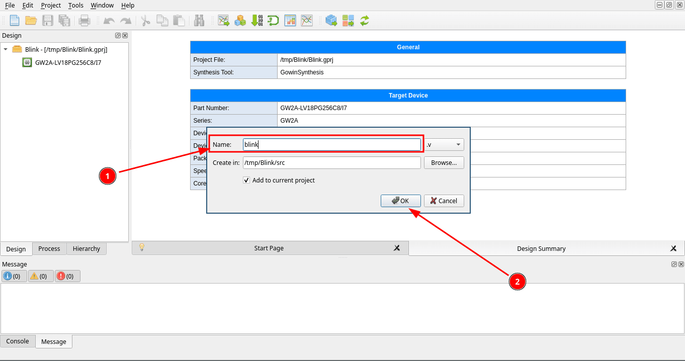 Naming the new Verilog file blink inside the /tmp/Blink/src folder